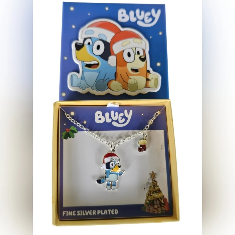 Bluey Brass Fine Silver Plated Christmas Necklace with Santa Hat & Stocking - Picture 1 of 4